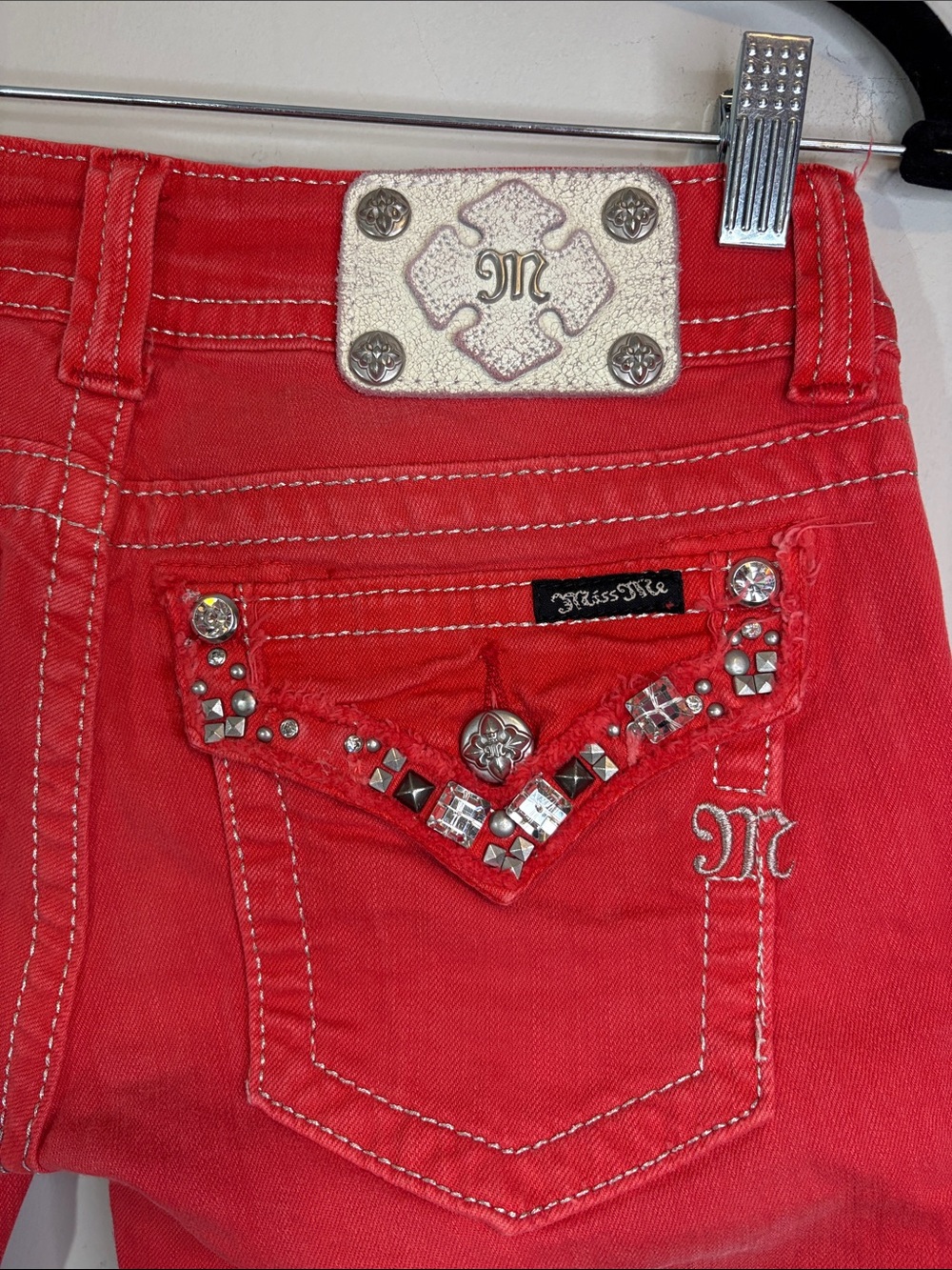 Red Denim Miss Me Beaded Rhinestone Embellished Y2K Low-Rise Skinny Jeans 26”